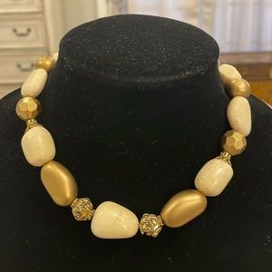 Vintage Gold Tone Beige Beaded Choker Collar Statement Necklace